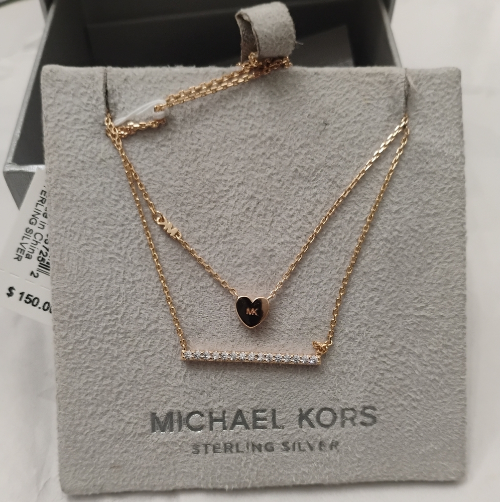Michael Kors Rose Gold On Sterling Silver Double Chain Heart & Pavé Bar Necklace